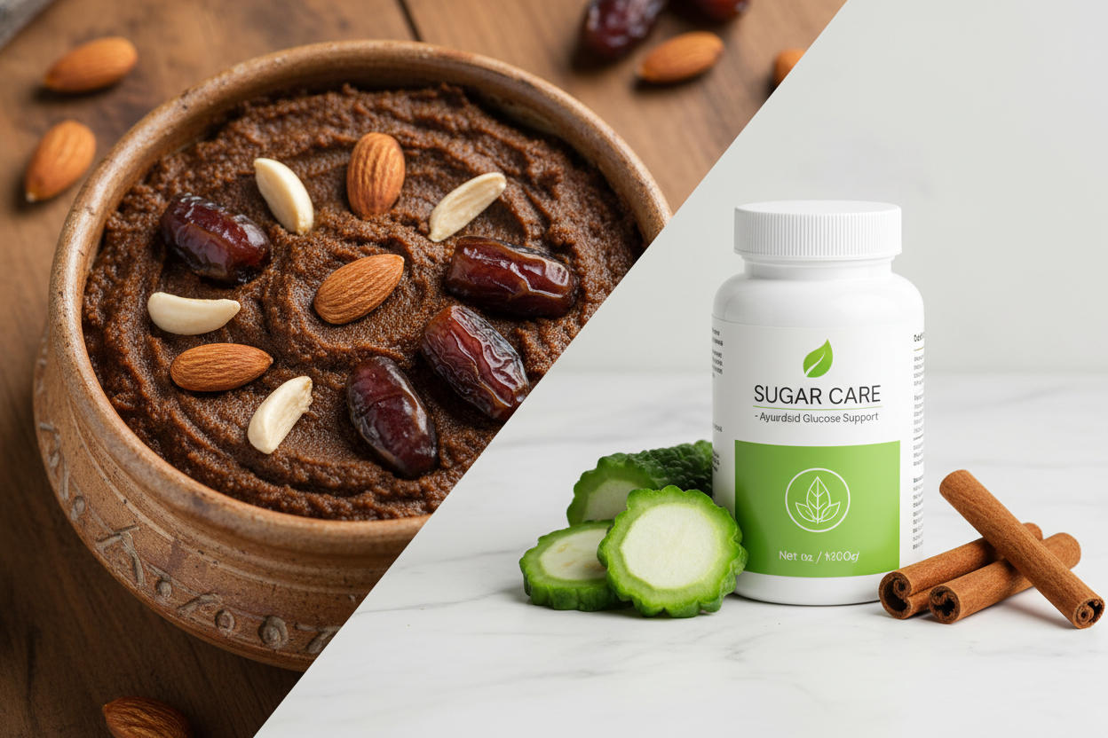Visuals: Elegantly merge the two themes. Left side shows a bowl of earthy Majoon with rich dry fruits (almonds, dates). Right side shows the Sugar Care product bottle with fresh, clean ingredients like Karela (Bitter Gourd) and Cinnamon.